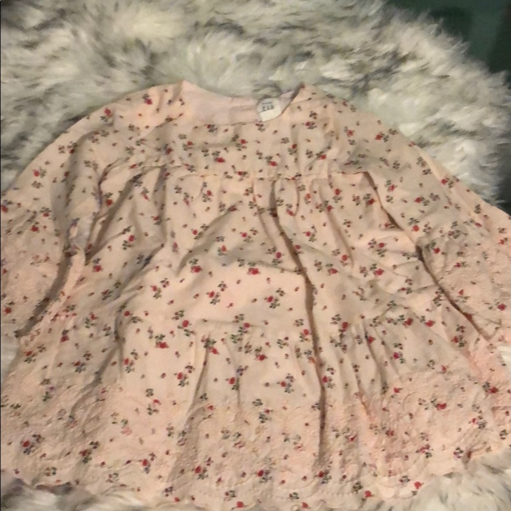 Pink flowery dress and white long sleeve top